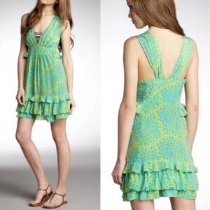 Nanette Lopore Santa Fe Oasis Teal & Yellow Sleeveless 100% Silk Dress Sz. 4